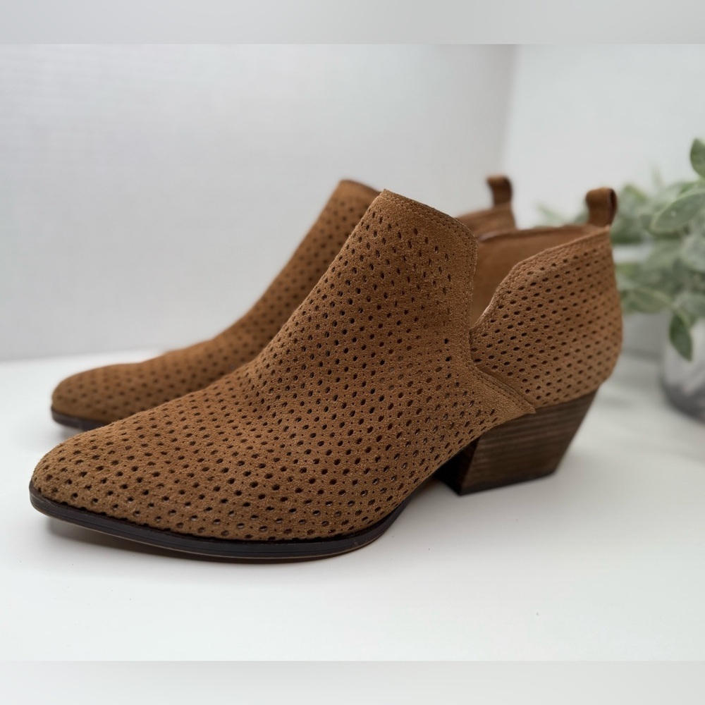 Franco Sarto Dingo Perforated Bootie 8.5M Brown Leather Ankle Boots Block Heel